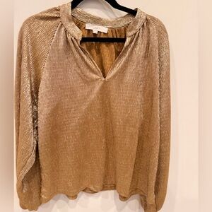 LOFT Gold Metallic Pleated Blouse Top Medium Shimmer Party Holiday